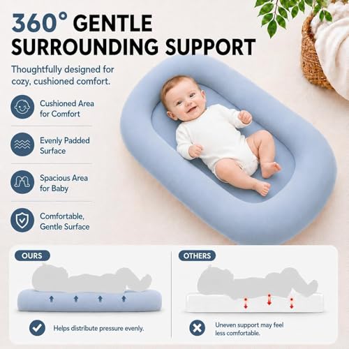 Baby Lounger for Newborns 0-24 Months - Baby Essentials | Soft Breathable Cotton Infant Support Cushion for Tummy Time & Play, Portable Infant Lounger - Navy Blue (Cover Included)