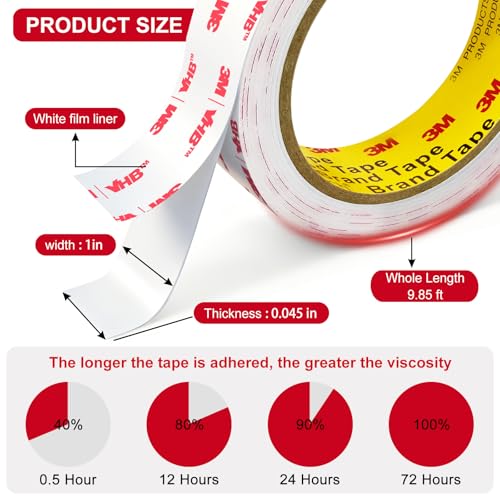 3M Double Sided Tape,1in X 9.85ft Heavy Duty Removable Mounting Tape | White Sticky Foam Tape for Wall, Picture Hanging Strips, Poster Hanger, Waterproof Adhesive Strips for LED Light