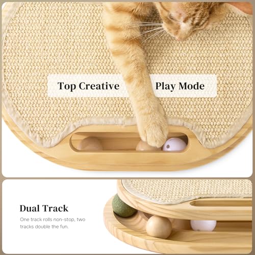 ZOMISIA Cat Scratcher with Ball Track Toy, Sisal Scratch Pad for Indoor Use | Wooden Interactive Cat Puzzle Toys for Adult Cats, Kitten Mental Stimulation Self Play Home Enrichment, Spinning Balls