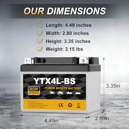 YTX4L-BS Motorcycle Battery 12V 3Ah, 70 CCA Sealed AGM Rechargeable Maintenance Free Battery, Replacement for ATV, 50cc Scooter, Dirt Bike