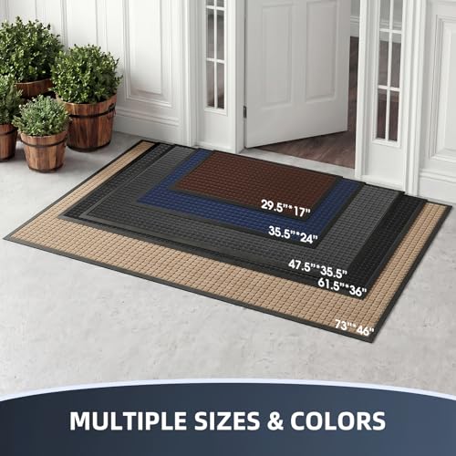 Front Door Mat Outside Entrance, Heavy Duty Waterproof Doormat | 29.5"x17" Indoor/Outdoor Dirt Trapper with Non-Slip Rubber Backing, Low Profile Easy Clean, Stain & Fade Resistant Black