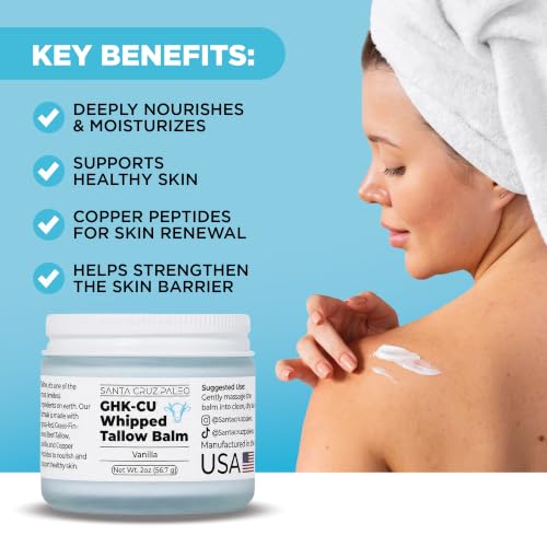 Santa Cruz Paleo GHK-Cu Whipped Tallow Balm + Copper Peptide, Vanilla, 2 Oz | Grass Fed Beef Tallow Moisturizer, Jojoba Oil, Vitamin E Skin Cream, Body Butter, Face Cream, Dry Skin Care, Body Lotion