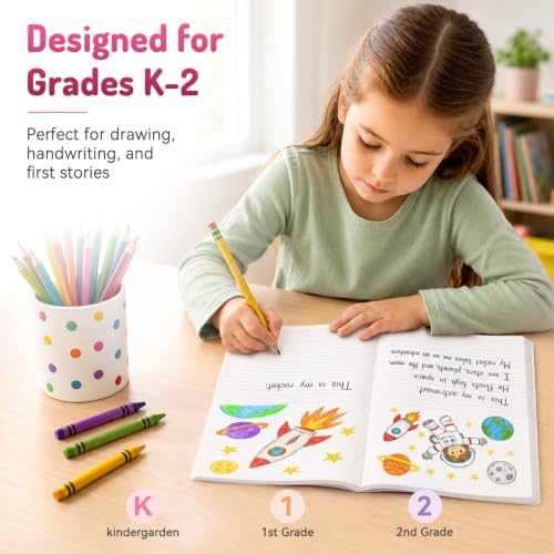 Forvencer Primary Composition Notebook K-2, Primary Journal Draw and Write | Half Page Composition Notebook, Primary Ruled Paper Grades K-2 and Kindergarten, 200 Pages/100 Sheets, 9.75 x 7.5 in , Pink