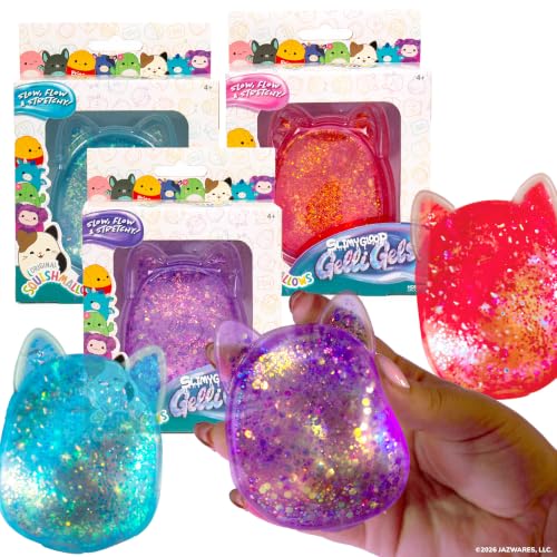 Squishmallows SLIMYGLOOP Gelli Gels 3 Pack, Slow-Flow Glitter Squishy Sensory Toy, Squeeze Stress Toy for Kids & Teens, Satisfying Sugar Squish Fidget
