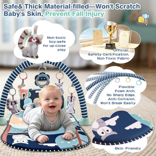 Joryuek Baby Play Mat, Tummy Time Mat with Piano Music and Lights, Baby Activity Play Gym with Sensory Development Toys, Boy and Girl Gifts for Newborn Infant Aged 0 to 3 6 9 12 Months (Navy Blue)