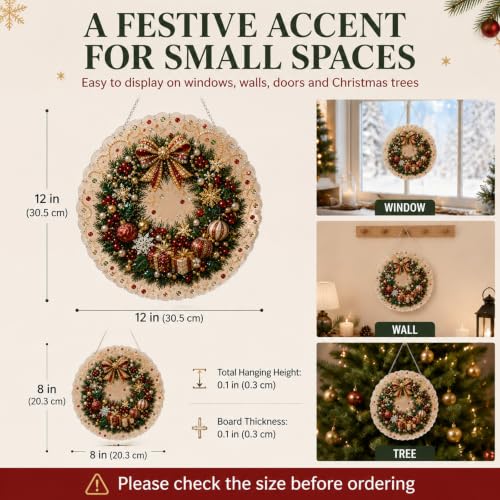 Christmas Pearl Diamond Painting Suncatcher Kit, DIY Craft (#C, 8in) | Pre-Assembled Metal Chain, Acrylic Round Board with Lace Edge, 3D Mixed-Sized Pearl Beads Craft, Festive Window Wall Decor
