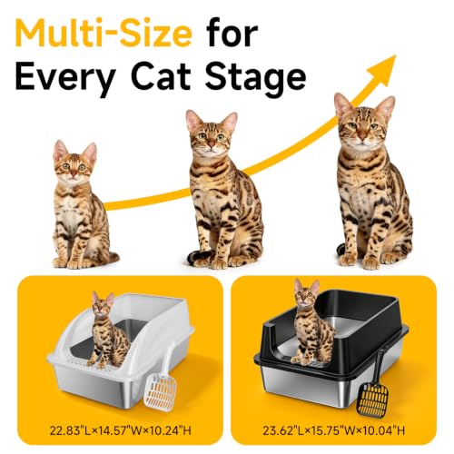 XL Open Top Stainless Steel Litter Box with High Sides,Light Gray | Extra Large Metal Cat Litter Pan , XL Litter Box, Non-Stick Easy Clean Anti-Leak Kitty Litter Pan, Odor Control, Open Top