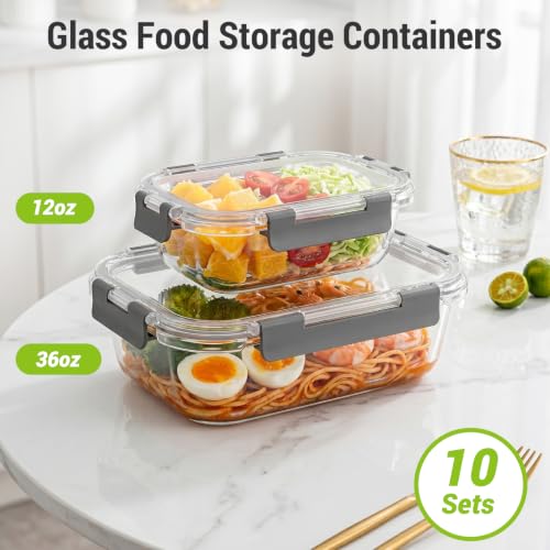 Dealusy 10 Sets 36 oz & 12 oz Glass Food Storage Containers with lids, Gray | 20-Piece Airtight Leak-proof Glass Meal Prep Containers with Lids, Microwave Oven Freezer Dishwasher Safe