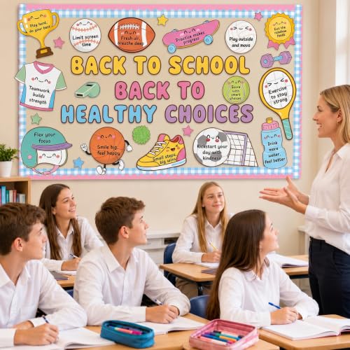 Back to School Health Bulletin Board Set Sports Good Habits Classroom Decoration Motivational Back to Health Choices Paper Cutouts for First Day of School Nurse Office Home Chalkboard Wall Door Decor