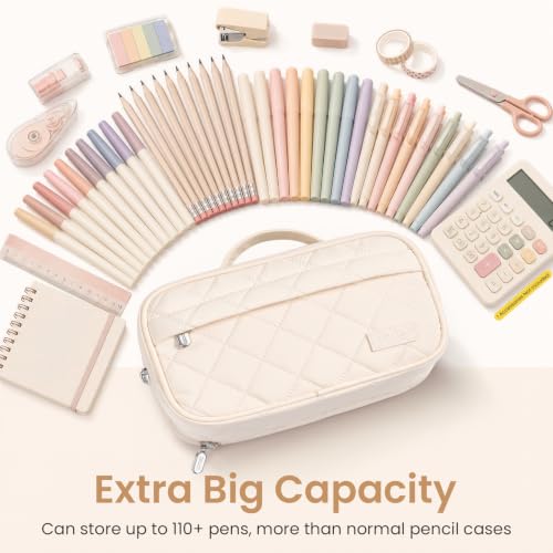 Sooez Large Pencil Case, Pencil Pouch with Handle, Pen Bag Marker Organizer | Soft Quilted, 7 Compartments, Wide Opening, Smooth Sturdy Zippers, Aesthetic Design, School Supplies for Teen Girls & Women
