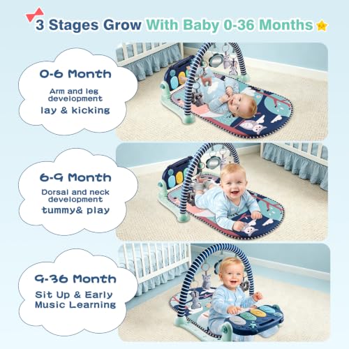 Joryuek Baby Play Mat, Tummy Time Mat with Piano Music and Lights, Baby Activity Play Gym with Sensory Development Toys, Boy and Girl Gifts for Newborn Infant Aged 0 to 3 6 9 12 Months (Navy Blue)
