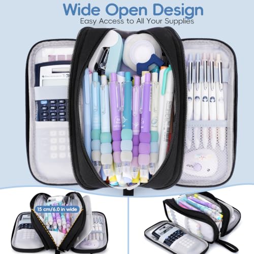 Pencil Case Large Capacity, 3 Compartment Black Big Pen Pouch with Zipper | Durable Stationery Organizer, Portable Marker Pen Bag for Teens, College and High School Students, Adults and Teachers