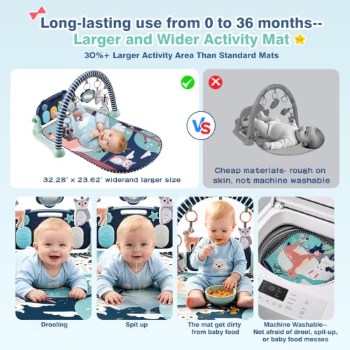 Joryuek Baby Play Mat, Tummy Time Mat with Piano Music and Lights, Baby Activity Play Gym with Sensory Development Toys, Boy and Girl Gifts for Newborn Infant Aged 0 to 3 6 9 12 Months (Navy Blue)