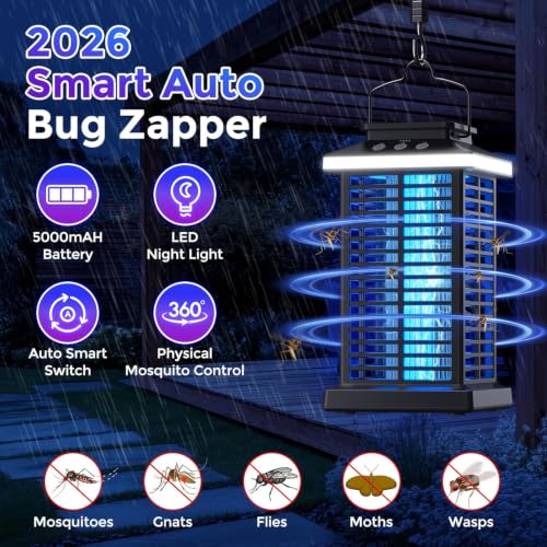 Bug Zapper Outdoor, Mosquito Zapper 3 in 1 Rechargeable Bug Zapper Outdoor with 5000mAh Battery & LED Night Light, 4000V Electric Fly Zapper for Outside,Patio,Backyard,Garden Black 01