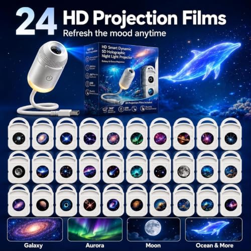 Galaxy Projector Night Light, 2-in-1 Holographic Star 5d Ocean Projector Plug and Play hd Star Smart Ceiling Projectors Lamp 360° Space Starry Sky USB Projection (24 Projection Films)