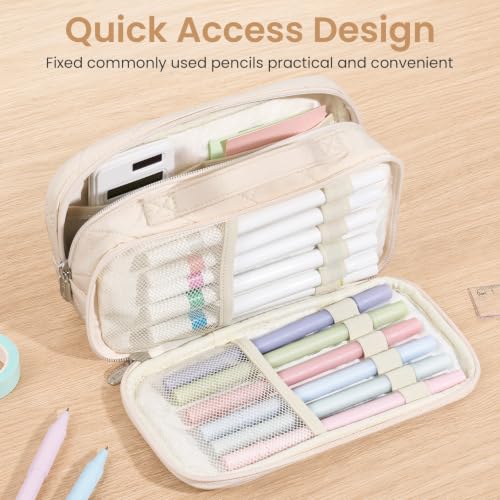 Sooez Large Pencil Case, Pencil Pouch with Handle, Pen Bag Marker Organizer | Soft Quilted, 7 Compartments, Wide Opening, Smooth Sturdy Zippers, Aesthetic Design, School Supplies for Teen Girls & Women