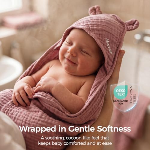Momcozy 6-Layer Muslin Cotton Baby Towels with Hood, 32x32 Inch, Pink | 6-Layer 100% Cotton Muslin Hooded Baby Towel Set for Newborn, Infant & Toddler, Soft Absorbent Baby Bath Essentials