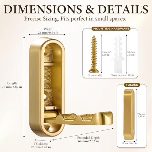 Folding Wall Hooks, 2 Pack Gold Heavy Duty Coat Hooks, Screw Mounted | Zinc Alloy Foldable Hooks, Hold up to 44 lbs, 90° Fold-Down Design for Clothes, Towels, Bags and Keys