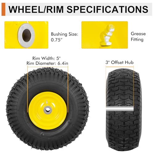 2 Pack 15x6.00-6 Lawn Mower Front Tire and Wheel Assembly, Fits John Deere Riding Mowers 100 & 300 Series, 3" Offset Hub, 3/4", 5/8" & 1/2" Bushings