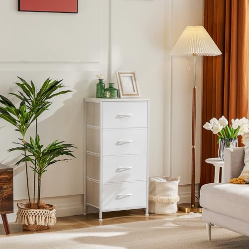 DUMOS Nightstand, Bedside Table with 4 Fabric Drawers | Night Stand with Removable Bins, Steel Frame Wood Top, Organizer Furniture for Bedroom Closet, Living Room, Chalky