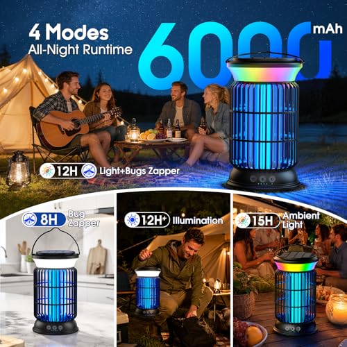 Solar Bug Zapper Outdoor, Mosquito Zapper with Rechargeable Bug Zapper Design, Solar & USB Charging, 6000mah Battery, Auto on Off Sensor, Waterproof for Patio Backyard Garden Camping