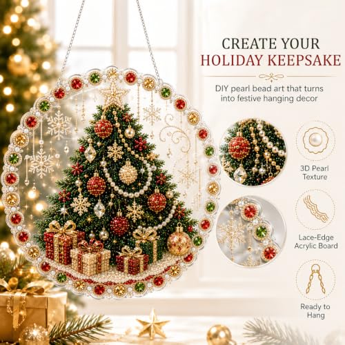 AYTHSRIC Christmas Pearl Diamond Painting Suncatcher Kit, Acrylic DIY Diamond and Pearl Art Painting, Christmas Diamond Painting Hanging Pendant, 3D Mixed-Sized Pearl Beads Craft (Style 7, 8×8in)
