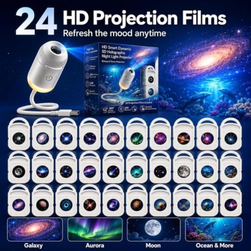 2027 Upgraded Hd Smart Dynamic 5d Holographic Night Light Projector, Plug and Play Hd Star Projector, 360° Adjustable Galaxy and Ocean for Bedroom Ceiling（24 Projection Films）