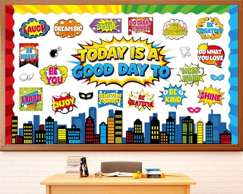 Hero Themed Mental Health Bulletin Board Set Motivational Classroom Decor Today is Good Day Inspirational Affirmation Super Themed Cutouts for Back to School Party Classroom Chalkboard Wall Door Decor