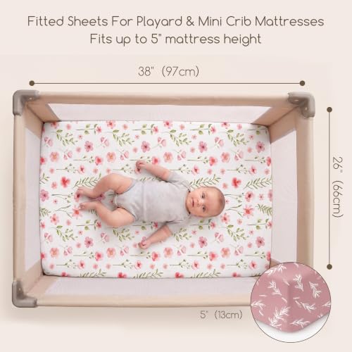 Pack and Play Mattress Sheets Fitted, 3 Pack Mini Crib Sheets | Stretchy Playard playpen Sheet, Compatible with Graco Pack N Play Mattress, Soft and Breathable Material, Pink Floral