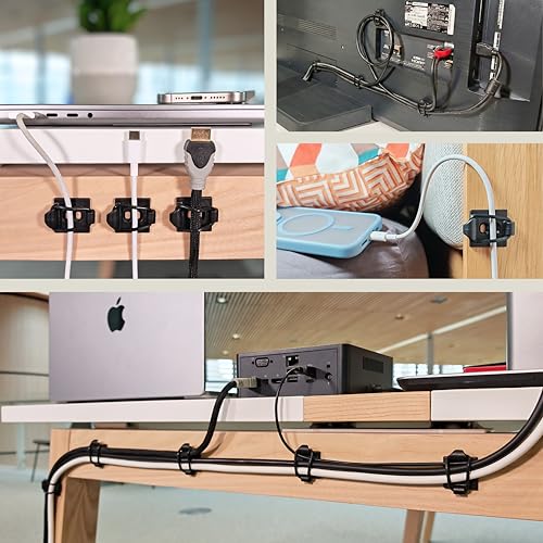 [Made in the UK] 10-Pack Adjustable Elastic Adhesive Cable Clips, Wire Management Holder, Cord Organizer for Home Office, Under Desk, Behind TV, Phone Charger, Laptop, PC, HDMI, USB (Black)