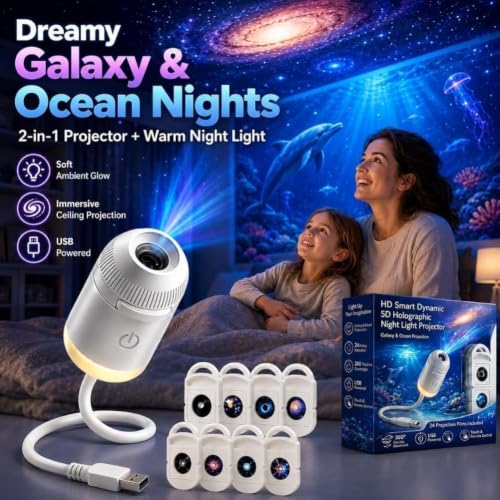 Galaxy Projector, Ocean Projector, 5D Holographic Night Light Projector, Plug and Play Hd Star Projector, 360° Adjustable Hd Galaxy and Ocean Projector for Bedroom Ceiling，Ocean & Galaxy 24pc