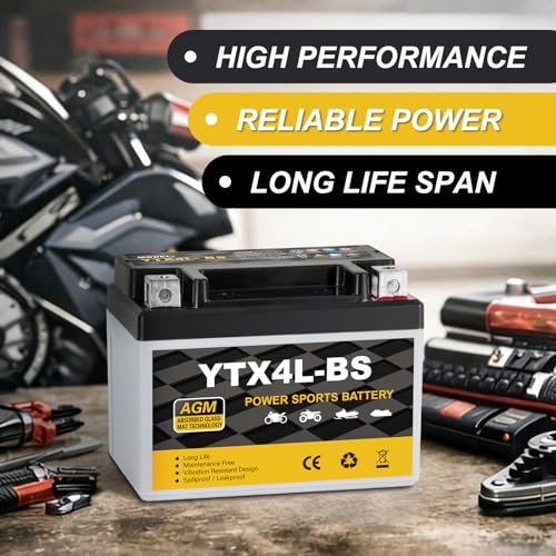YTX4L-BS Motorcycle Battery 12V 3Ah, 70 CCA Sealed AGM Rechargeable Maintenance Free Battery, Replacement for ATV, 50cc Scooter, Dirt Bike