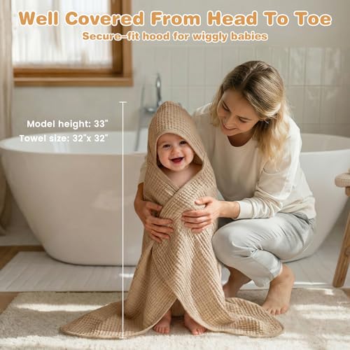 Muslin Hooded Baby Towels 2 Pack, 100% Cotton Baby Bath Towels for Newborn | 6-Layer Muslin Cotton, Ultra Soft & Highly Absorbent, 32x32 Inch, Deep Hood, Newborn to Toddler, Neutral Unisex