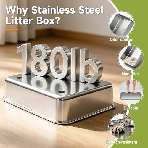 Stainless Steel Cat Litter Box with Lid, XL Metal High Sided Litter Box | Odor Free Open Top Litter Pan Easy Cleaning Anti-Urine Leakage Non-Stick Includes Scoop Light Grey
