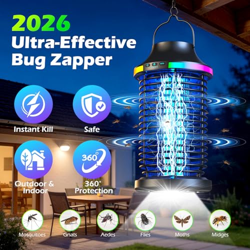 Rechargeable Bug Zapper Outdoor, 4200V Powerful Electric Mosquito Zapper 5-in-1 Portable & Wireless Bug Zapper Outdoor Cordless with 5000mAh Battery, Outdoor Waterproof Fly Zapper for Patio Camp