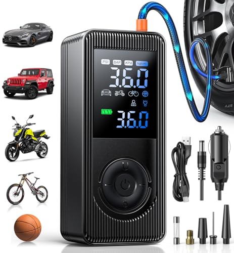 Tire Inflator Portable Air Compressor - 150 PSI 4X Fast Inflation Rechargeable Battery & 12V DC Adapter Powered Air Pump for Car Bike Motorcycle Tires Balls with LCD Display, LED Light