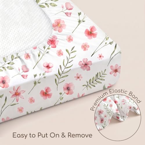 Pack and Play Mattress Sheets Fitted, 3 Pack Mini Crib Sheets | Stretchy Playard playpen Sheet, Compatible with Graco Pack N Play Mattress, Soft and Breathable Material, Pink Floral