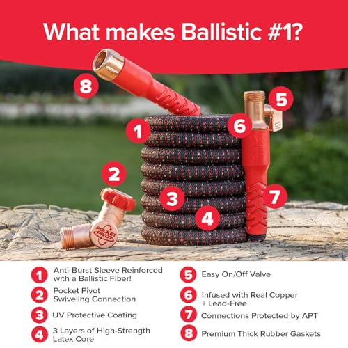 Pocket Hose Ballistic 50 FT Expandable Garden Hose, No-Kink, As Seen on TV | Anti-burst sleeve reinforced with bulletproof fiber, 360° swiveling pocket pivot connector, lightweight compact design