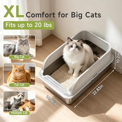 Stainless Steel Cat Litter Box with Lid, XL Metal High Sided Litter Box | Odor Free Open Top Litter Pan Easy Cleaning Anti-Urine Leakage Non-Stick Includes Scoop Light Grey