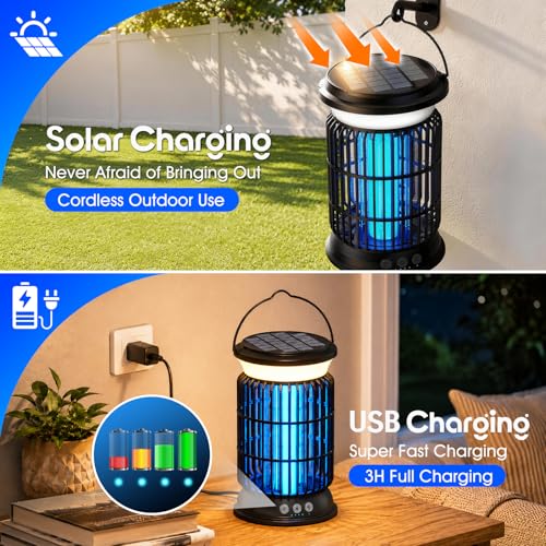 Solar Bug Zapper Outdoor, Mosquito Zapper with Rechargeable Bug Zapper Design, Solar & USB Charging, 6000mah Battery, Auto on Off Sensor, Waterproof for Patio Backyard Garden Camping