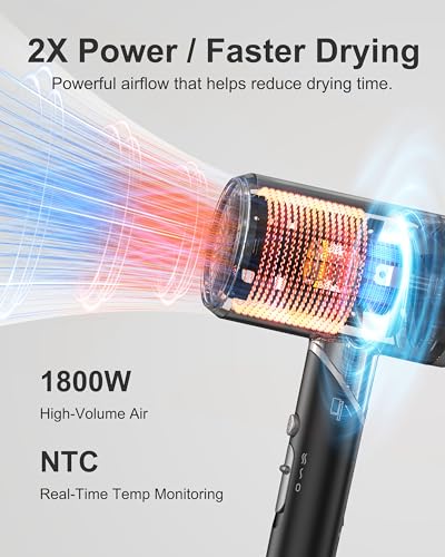 ANNLARY Hair Dryer with Comb, ANNLARY 1800W Blow Dryer with Diffuser for Curly Hair, Plasma Ionic Hair Dryer for Frizz Control, Foldable Portable Low Noise Hairdryer, 6.5 ft ALCI Cord