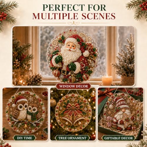 AYTHSRIC Christmas Pearl Diamond Painting Suncatcher Kit, Acrylic DIY Diamond and Pearl Art Painting, Christmas Diamond Painting Hanging Pendant, 3D Mixed-Sized Pearl Beads Craft (Style 7, 8×8in)