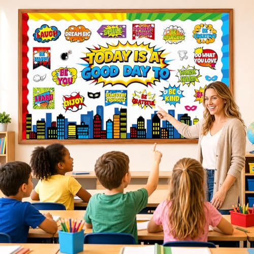 Hero Themed Mental Health Bulletin Board Set Motivational Classroom Decor Today is Good Day Inspirational Affirmation Super Themed Cutouts for Back to School Party Classroom Chalkboard Wall Door Decor