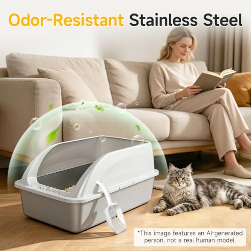 XL Open Top Stainless Steel Litter Box with High Sides,Light Gray | Extra Large Metal Cat Litter Pan , XL Litter Box, Non-Stick Easy Clean Anti-Leak Kitty Litter Pan, Odor Control, Open Top