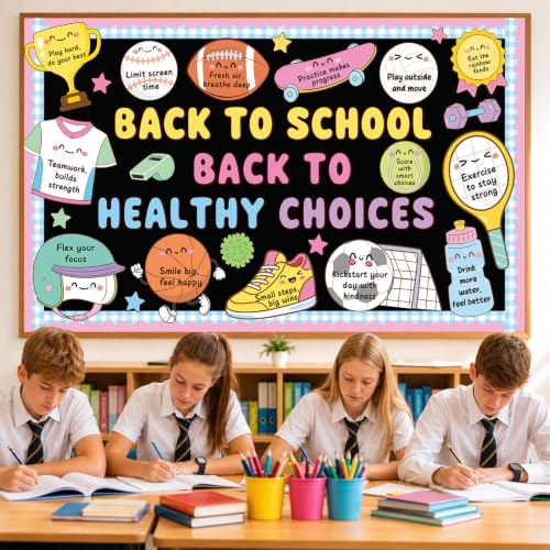 Back to School Health Bulletin Board Set Sports Good Habits Classroom Decoration Motivational Back to Health Choices Paper Cutouts for First Day of School Nurse Office Home Chalkboard Wall Door Decor