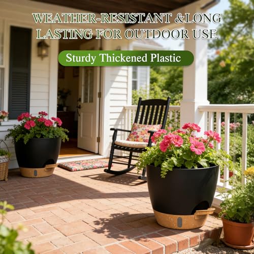 Self Watering Pots with Drainage Holes, 3 Pack 12/10/8 Inch Plant Pots with Water Level Indicator Deep Reservoir, Large Plastic Planter for Indoor Outdoor Plants - Black Brown