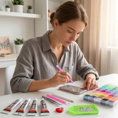 40,000-Piece Bedazzling Kit, 40 Colors, 3mm Jelly AB Resin Rhinestones | Flatback gems with 4 B-7000 glue tubes, 40-compartment box, tweezers and trays for tumblers, phone cases and DIY crafts.