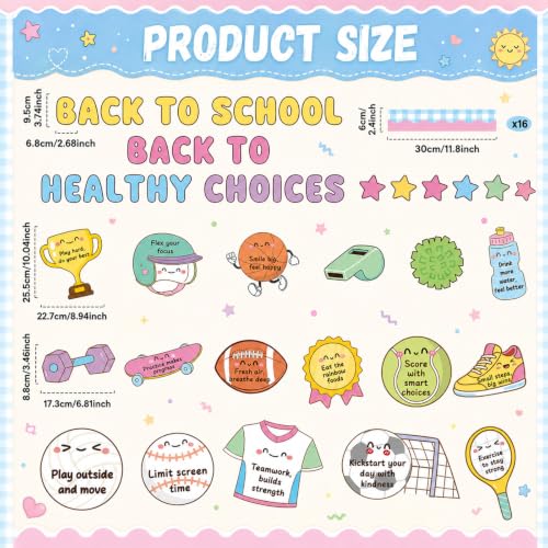 Back to School Health Bulletin Board Set Sports Good Habits Classroom Decoration Motivational Back to Health Choices Paper Cutouts for First Day of School Nurse Office Home Chalkboard Wall Door Decor