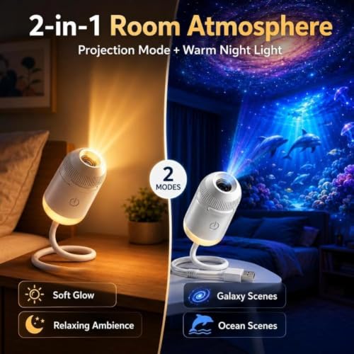 2027 Upgraded Hd Smart Dynamic 5d Holographic Night Light Projector, Plug and Play Hd Star Projector, 360° Adjustable Galaxy and Ocean for Bedroom Ceiling（24 Projection Films）