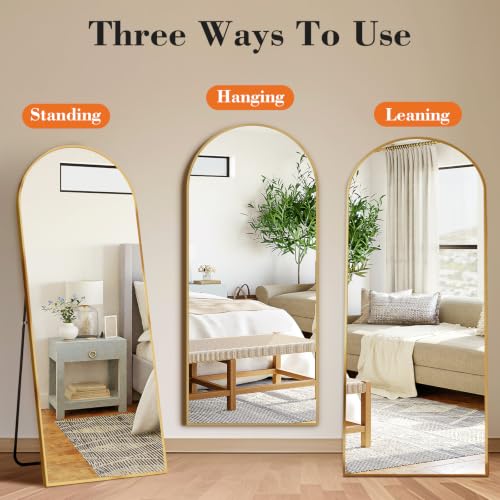 DUMOS 64"x21" Arched Full Length Floor Mirror, Full Body Mirror, Gold | Shatterproof Tempered Glass, Modern Aluminum Alloy Frame, Free Standing or Leaning for Home Decor